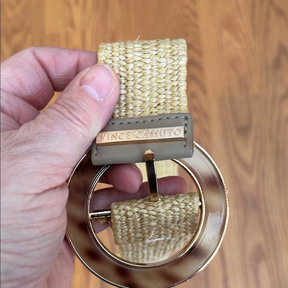 Vince Camuto Tan Woven Belt with Gold Circle Buckle